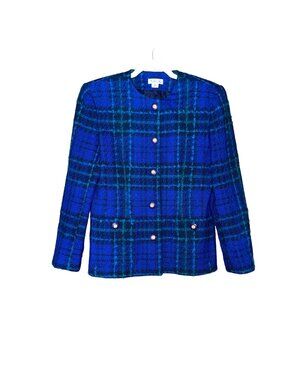 Vintage Talbots Plaid Wool Blend Jacket Womens Size 8 Blue/Black Button Front
